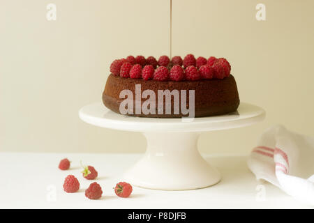 Brownie au chocolat Gâteau avec glaçage au chocolat et framboises sur un fond clair. Focus sélectif. Banque D'Images