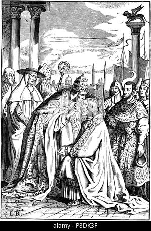 Frédéric Barberousse et le Pape Alexandre III à Venise (illustration du "Geschichte des deutschen Volkes" par E. plus terne). Musée : collection privée. Banque D'Images