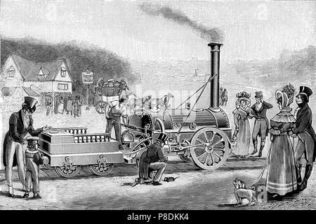 Stephenson a locomotive à vapeur 'Rocket' en 1830. Musée : collection privée. Banque D'Images