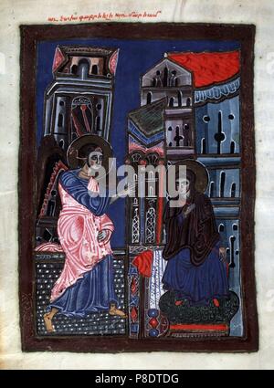 L'Annonciation (Manuscript illumination du Matenadaran Evangile). Mesrop Machtots : Musée de l'Institut des anciens manuscrits Maténadaran (), Erevan. Banque D'Images