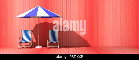 Vacances d'été. Chaises de plage et parasol en bois rouge sur fond de mur, bannière, copiez l'espace. 3d illustration Banque D'Images