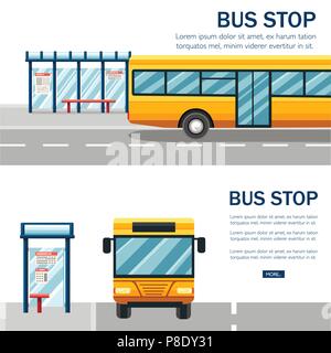 City bus jaune. Transports en illustration. Arrêt de bus et la route. Style design plat sur fond blanc. Vue avant option. Concept de transport public Illustration de Vecteur