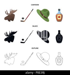 Un policier canadien hat, une bouteille de sirop et autres symboles canadiens.Canada set collection icônes de cartoon,Black,style Contour Symbole vecteur Illustration de Vecteur