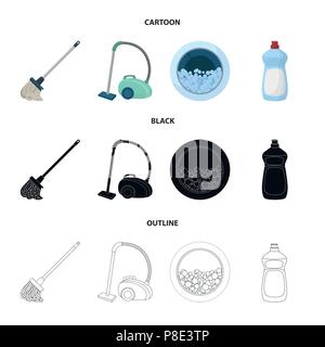 Une vadrouille avec une poignée pour laver les planchers, un aspirateur vert, une fenêtre d'une machine à laver avec de l'eau et de mousse, une bouteille avec un agent de nettoyage. Cle Illustration de Vecteur