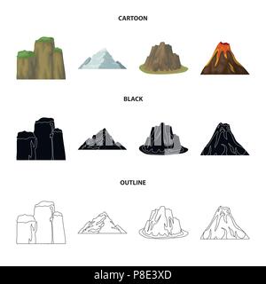 Des falaises abruptes, d'une éruption volcanique, une montagne avec une plage, un glacier. Différentes montagnes collection set icônes de cartoon,Black,vecteur style du contour Illustration de Vecteur