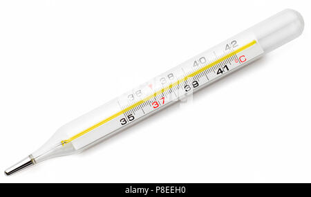 Thermomètre à mercure, isolé sur fond blanc Banque D'Images