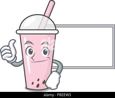 Thumbs up with board bubble tea framboise cartoon caractère Illustration de Vecteur