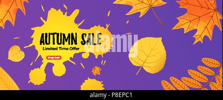 Vente d'automne vive modèle de page avec des feuilles de couleur jaune et orange. Illustration de Vecteur