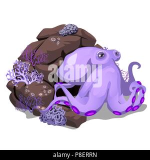 Cartoon purple poulpe caché dans la grotte. Habitants des mers et océans isolé sur fond blanc. Vector illustration. Illustration de Vecteur