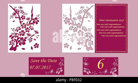 Sakura la direction générale. Le découpage au laser. Carte de voeux avec des fleurs sakura. Vector illustration. rose. Illustration de Vecteur