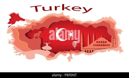 Vector illustration.La Turquie, drapeau turc, mosquée, cheval de Troie, Darwish, ballon, map, blanc, rose et rouge. Illustration de Vecteur