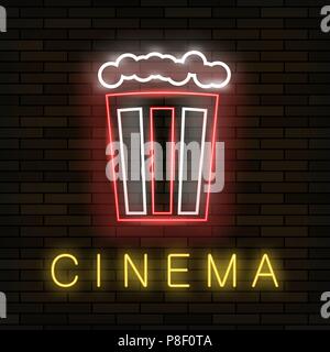 Cinema Lumière Néon sur fond brique. Pancarte de couleur. Rougeoyant lumineux bannière avec l'icône pop-corn Illustration de Vecteur