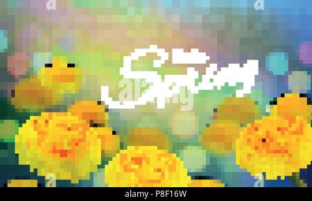 Illustration vectorielle Stock Bonjour, bonjour Printemps. Pissenlit taraxacum, réaliste, un arrière-plan flou. Fleurs Macro. Bokeh vert. Des modèles pour des affiches, bannières, flyers, des présentations, des rapports. Illustration de Vecteur