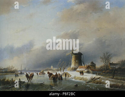Jan Jacob Coenraad SPOHLER - Figures Patiner sur une rivière gelée 1 Banque D'Images