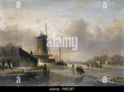 Jan Jacob Coenraad SPOHLER - Figures Patiner sur une rivière gelée 2 Banque D'Images