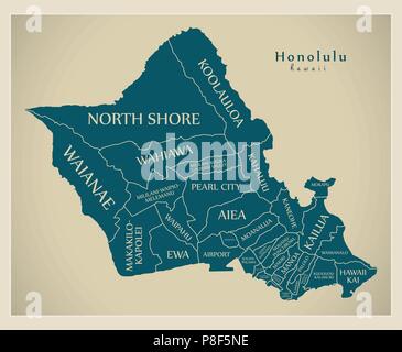 Plan de la ville moderne - Honolulu Hawaii ville des États-Unis avec des titres et des quartiers Illustration de Vecteur