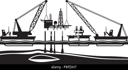 Montage de grue flottante plate-forme pétrolière dans la mer - vector illustration Illustration de Vecteur