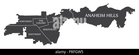 Plan de la ville de Anaheim en Californie USA étiqueté illustration noir Illustration de Vecteur