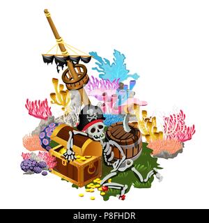 Après le naufrage du navire est envahi par les polypes et les coraux colorés sur le fond marin. Le squelette de pirate hugs le coffre de pièces d'or. Vector illustration. Illustration de Vecteur