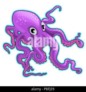 Cartoon octopus violet. Habitants des mers et océans isolé sur fond blanc. Cartoon Vector illustration close-up. Illustration de Vecteur