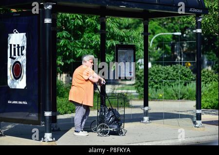 Chicago, Illinois, USA. Un vrai portrait de la ville de Chicago, à un arrêt de bus CTA. En attendant l'autobus, une femme s'appuie sur un vieux panier. Banque D'Images
