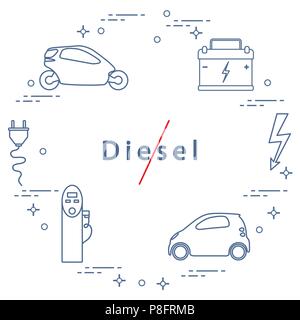 Interdiction des moteurs diesel. Le transport est respectueux de l'environnement. Voitures électriques, batterie, station de recharge, signe de sécurité électrique, câble, connecteur électrique Illustration de Vecteur