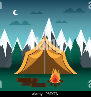 Zone de camping avec tente et feu de camp Illustration de Vecteur