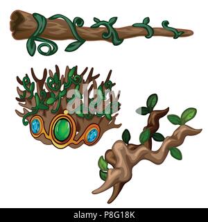 Vieilles branches de bois décorées de pierres et de plantes grimpantes, isolé sur un fond blanc. Les racines d'un arbre mort. Vector illustration. Illustration de Vecteur