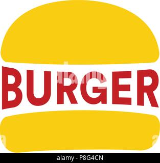 Big burger restaurant logo modèle. Pain de jaune et rouge, texte sousage burger ou télévision simple abstract vector illustrations. L'icône de restauration rapide. Illustration de Vecteur