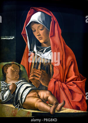 Madonna col bambino par Francesco Bonsignori 1460-1519), Vierge et l'enfant, 1483, huile sur carton, l'Italie, l'italien. Banque D'Images