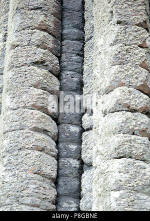 Les colonnes de basalte polygonale érodées et dépeignées dans les falaises au-dessus de la chaussée des Géants ressemblent à des piles de blocs. Bushmills, Comté D'Antrim, Nord Banque D'Images