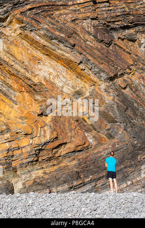 L'homme regardant vers le haut les falaises impressionnantes à Bude Widemouth Bay, rock formation, North Cornwall, England, UK Banque D'Images