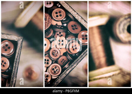 Un gros plan d'une boîte de boutons rouges, avec une bobine de fil rouge à côté. Filtré pour avoir un fini mat décolorées avec des fuites, et style nostalgique. Banque D'Images