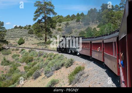 Moteur à vapeur restauré 489 sur le Cumbres et étroit chemin de fer panoramique toltèque l'indicateur de charge lorsque le train de tours à travers la merveilleuse nature dans la nouvelle suite logicielle Mexi Banque D'Images