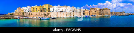 Belle vue sur la ville de Gallipoli, avec vieux château, maisons et mer,Puglia,Italie. Banque D'Images