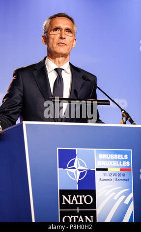 Bruxelles, Belgique. 11 juillet, 2018. Le Secrétaire général de l'OTAN, Jens Stoltenberg donne une conférence de presse au cours du sommet de 2018 Siège de l'OTAN. Credit : Michal Bielsk Podlaski/Alamy Live News Banque D'Images