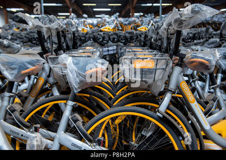 Barsbuettel, Allemagne. 10 juillet, 2018. Autour de 10 000 vélos à louer du prestataire Obike stand à côté de l'autre dans un dépôt. Dans plusieurs villes allemandes, les problèmes avec le jaune d'argent à louer des vélos de Obike sont de plus en plus. Crédit : Daniel Bockwoldt/dpa/Alamy Live News Banque D'Images