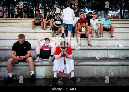 Manchester, UK 11 juillet 2018. Fans réagir à la FIFA World Cup match de demi-finale entre l'Angleterre et la Croatie à la Coupe du Monde Auto Trader le dépistage. Credit : Andy Barton/Alamy Live News Banque D'Images