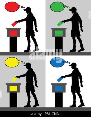 Jeune homme silhouettes des électeurs avec différentes couleurs de bulle pensée en votant aux élections. Tous les objets et la silhouette sont à différents horizons Illustration de Vecteur