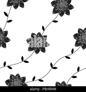 Seamless Vector, répétant des motifs texturés avec des fleurs et des feuilles. Noir et blanc monochromatique. Illustration de Vecteur