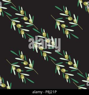Branches d'olivier. Modèle sans couture. Les fruits, les feuilles vert olive. Fond noir Illustration de Vecteur