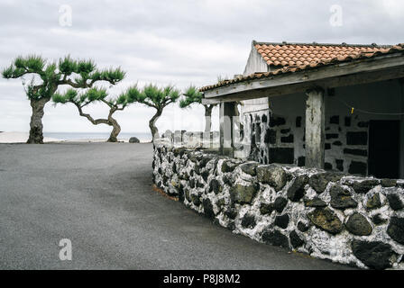 Une maison traditionnelle faite avec des roches volcaniques sombres dans un village sur l'île de Pico, Açores, Portugal. Banque D'Images