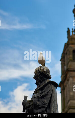 Goéland cendré (Larus canus) communément appelé mouette, laissant les fèces dans les statues réparties sur George Square, Glasgow, Royaume-Uni. Banque D'Images