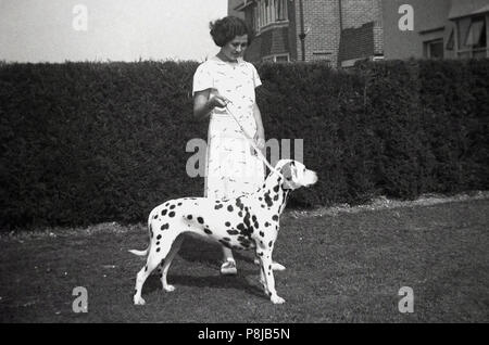 Années 1950, une jeune femme avec son animal de compagnie chien dalmatien en extérieur dans un jardin, England, UK. Banque D'Images