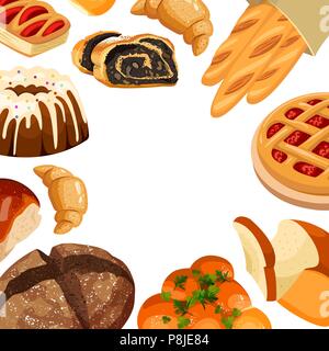 Vector square frame boulangerie. Pains précuits, le pain de seigle blé loafs, bagels, pain de mie pain grillé, croissant, pain, cherry pie, gâteau avec du glaçage Illustration de Vecteur