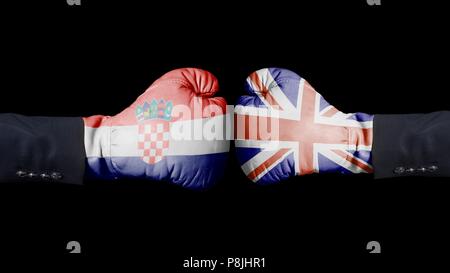 Gants de boxe avec la Croatie et la Union Jack flag. La Croatie contre Royaume-uni concept sur black Banque D'Images