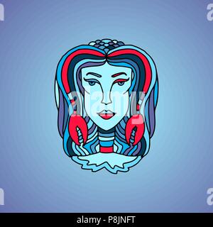 Girl portrait du cancer. Signe astrologique de l'eau. Illustration vecteur bleu simple. Illustration de Vecteur