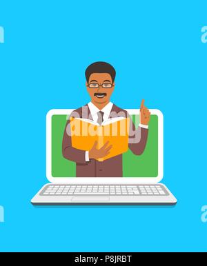 Concept de l'éducation en ligne. Homme noir enseignant détient livre ouvert et ascenseurs un doigt jusqu'à partager les connaissances sur le web. Cartoon vector illustration. Lea Distance Illustration de Vecteur