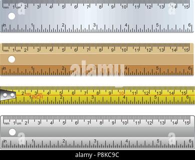 Vector set de dirigeants et ruban à mesurer en millimètres, centimètres et en pouces Illustration de Vecteur