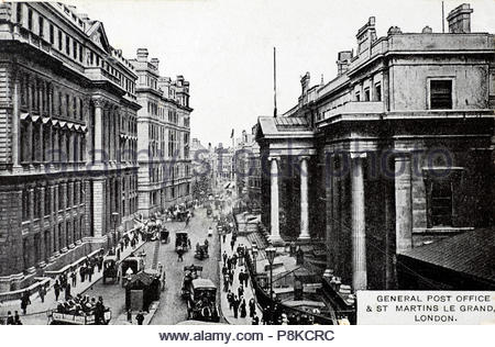 General Post Office & St Martins Le Grand Londres, vintage carte postale de 1908 Banque D'Images